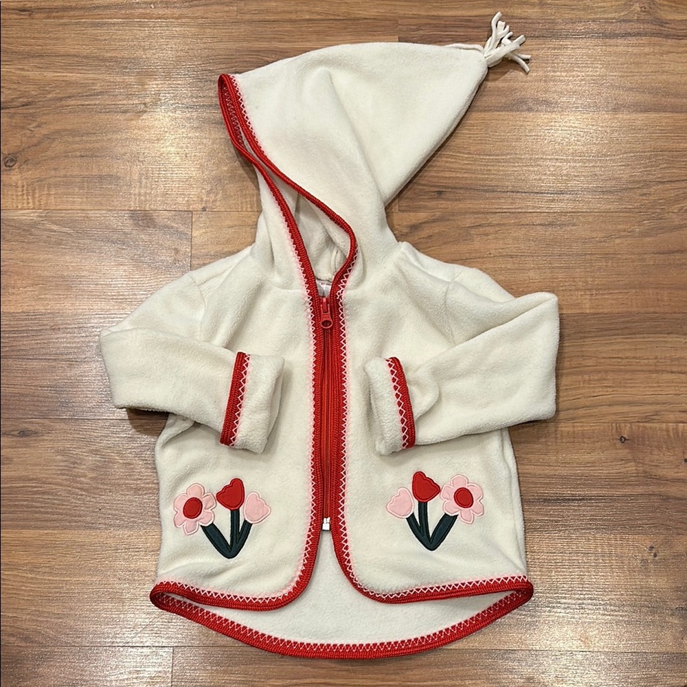 Cream Hooded Jacket with Red Trim and Floral Design